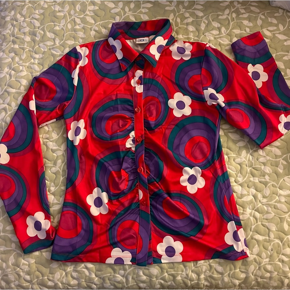 KRU girls size 16 XL red floral swirl button down shirt
